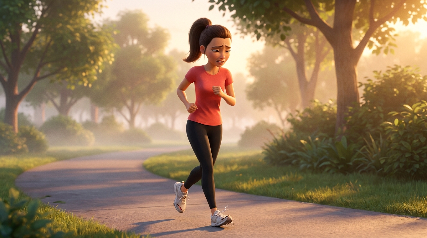 Sarah jogging in worn shoes