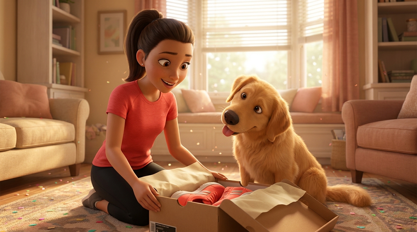 Sarah unboxing her shoes with Buddy